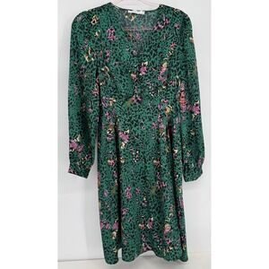 ANANY Green Animal Print V-Neck Midi Dress Womens Long Sleeve Elastic Waist Sz L